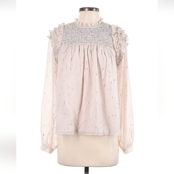 NWT Joe's Jeans Sheer Smocked Blouse S Babydoll Style Blush/Cream Metallic Gold - Picture 1 of 8